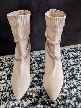 Rouge Helium Beige Pointed Sock Booties with Rhinestone Wrap Straps